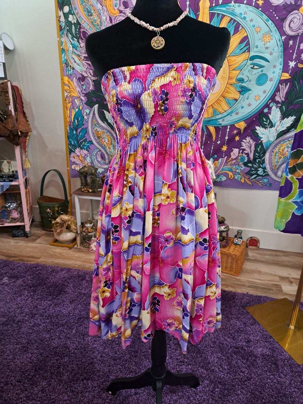 Orchid Candy Floral Smocked Dress | Pink Purple Tropical Midi Dress XL